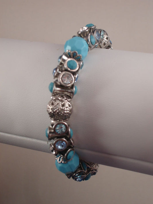SKY BLUE STRETCHING BRACLET, METAL & VINYL BEADS, GENUINE CZ STONES, ANTI-ALLERGIC JEWELRY